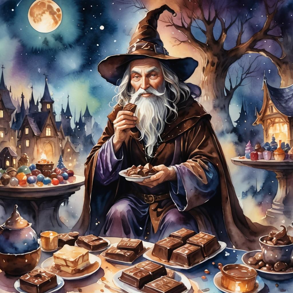 Supreme Sorcerer Eating Chocolate in Watercolor Magical Worl...