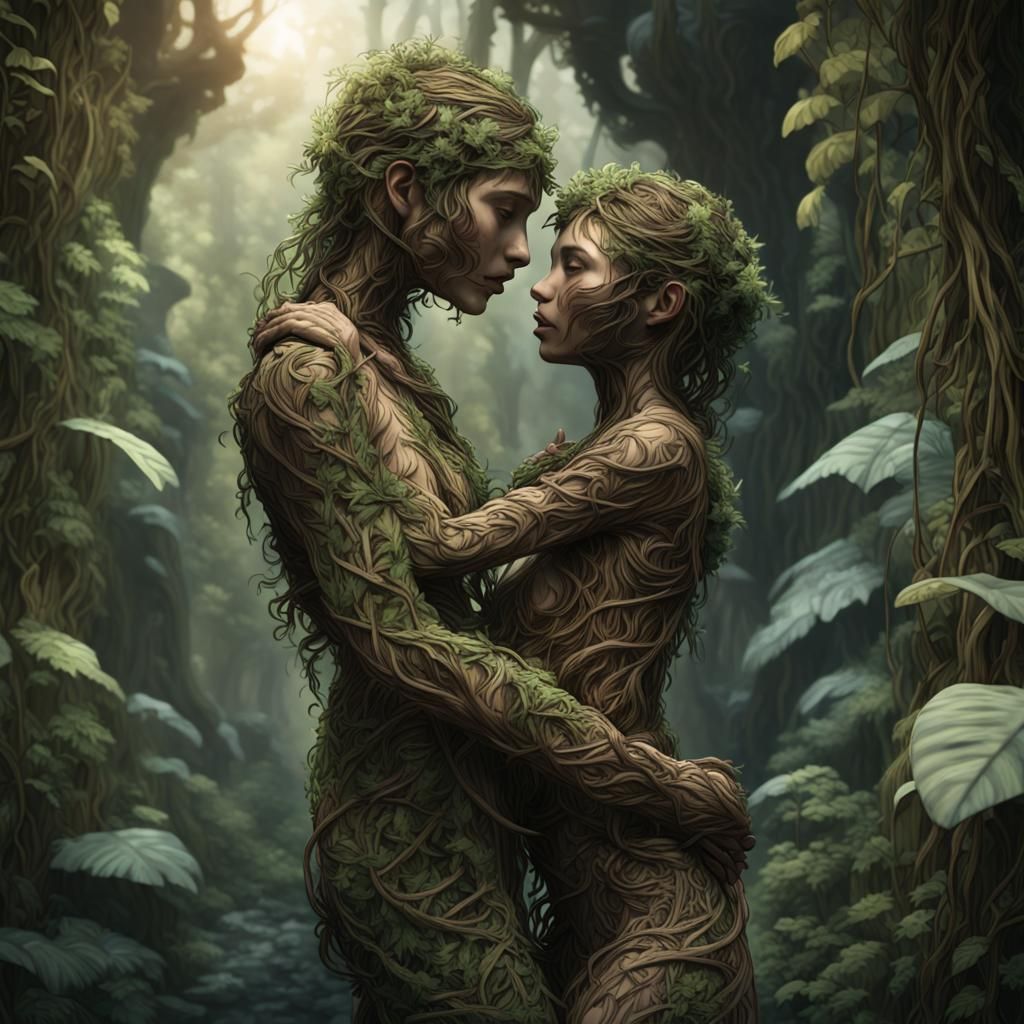 Ethereal Vines: People Hugging in Jungle