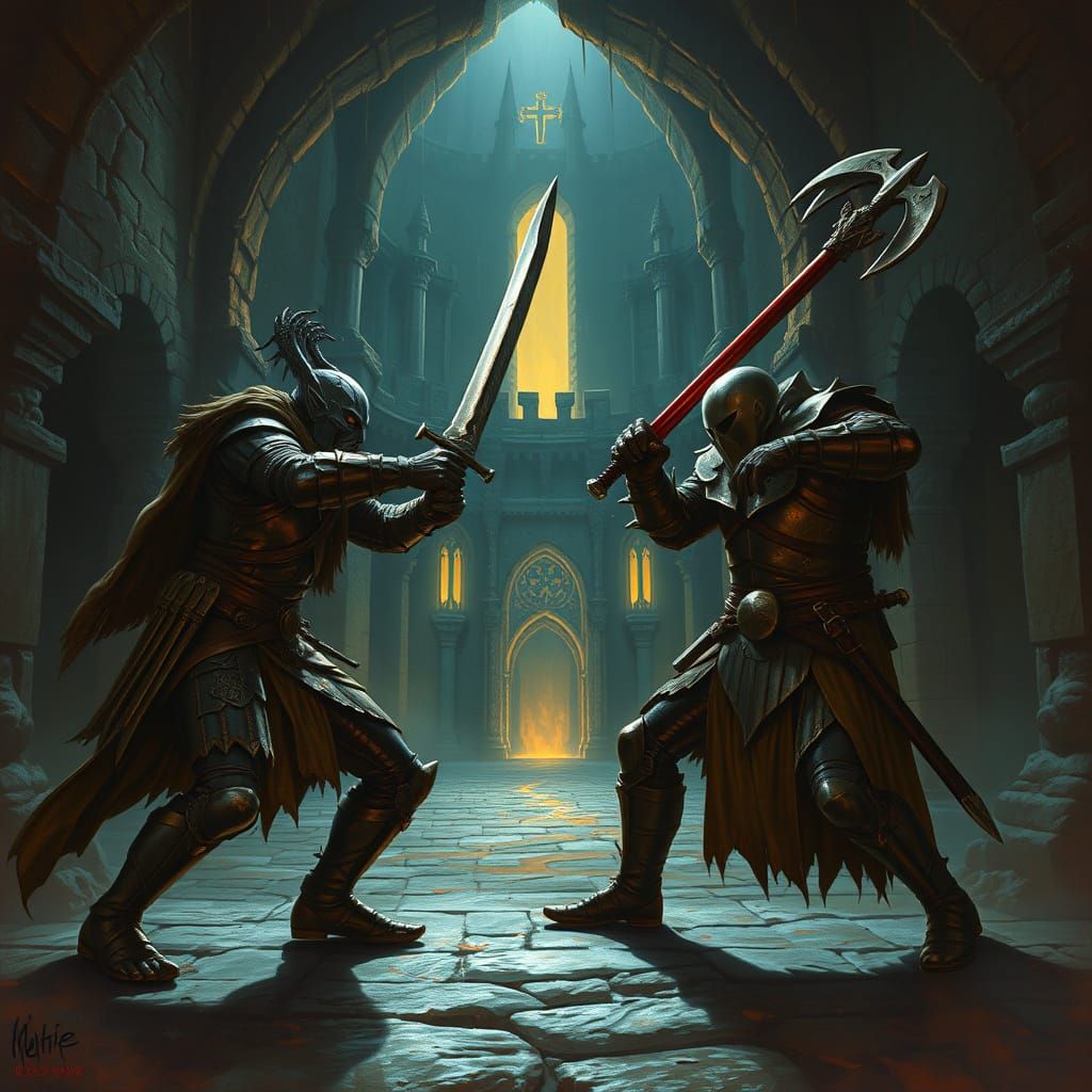 Drow Warriors Clash in Ancient Castle Courtyard