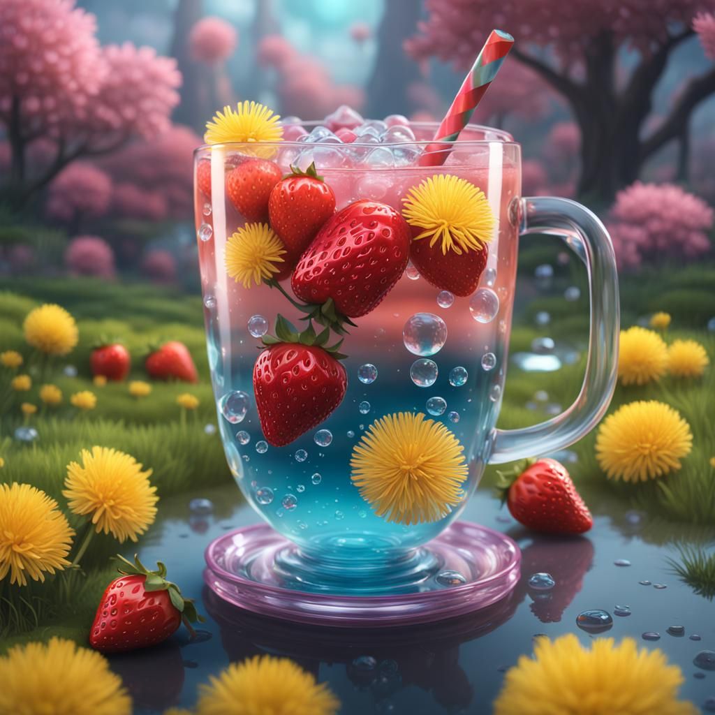 Hyperrealistic Strawberry Bubble Tea with Dandelions