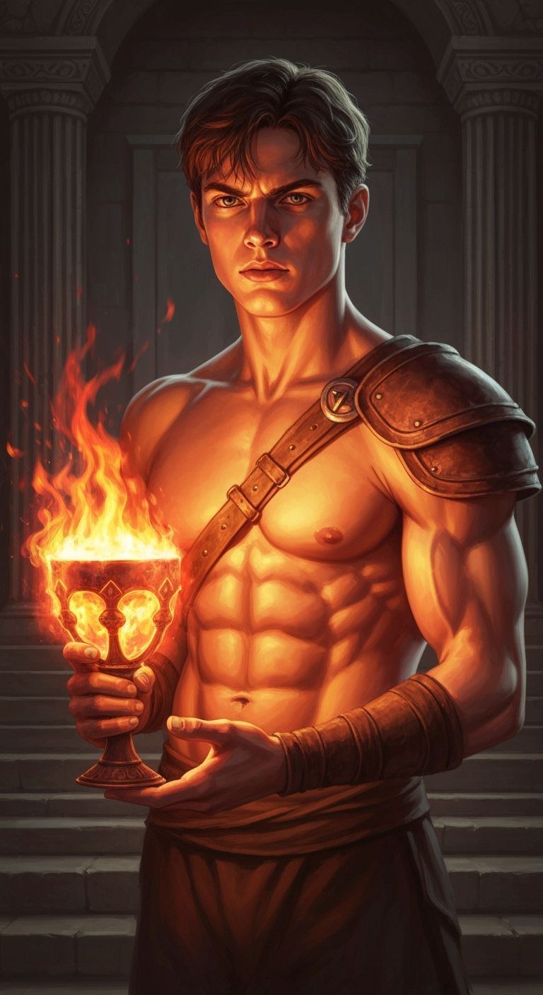 Muscular Warrior Holds Fiery Goblet in Ancient Temple