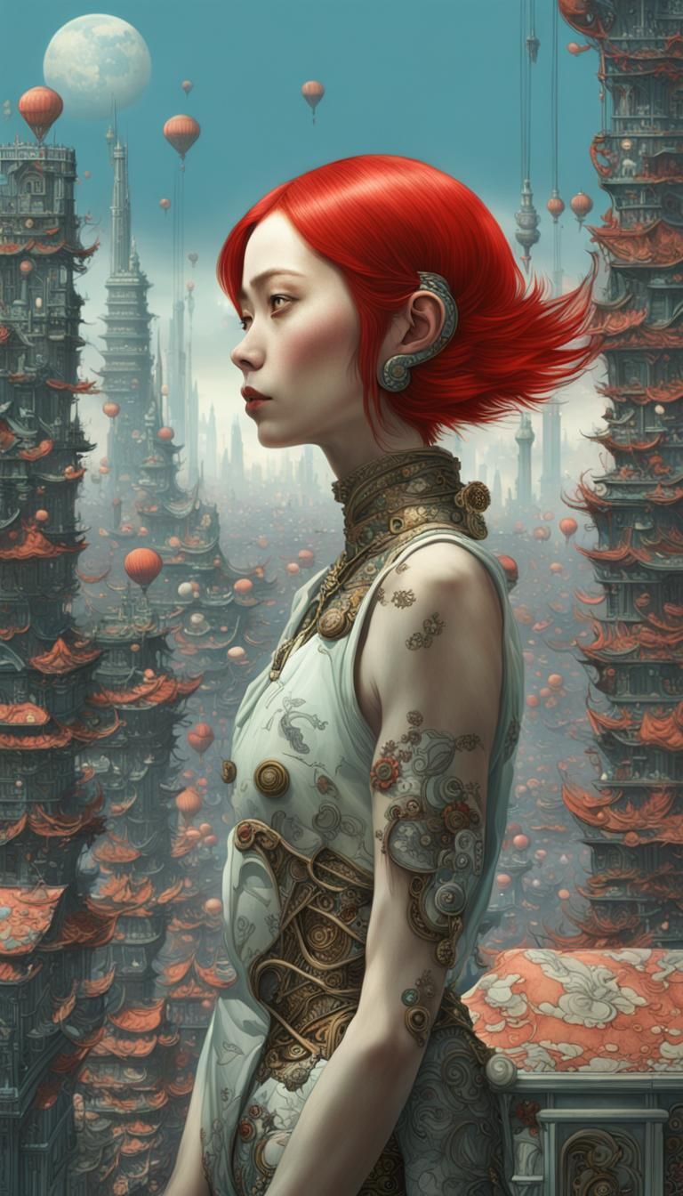 Cyberpunk Asian Cyborg in Epic Cityscape