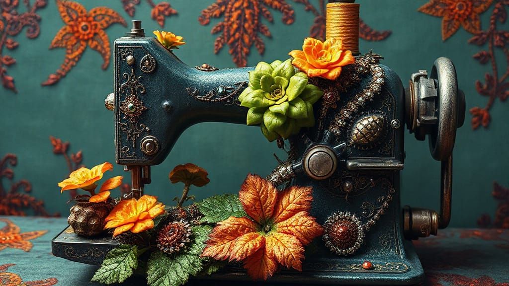 Plants Bursting from Sewing Machine: Maximalist Illustration