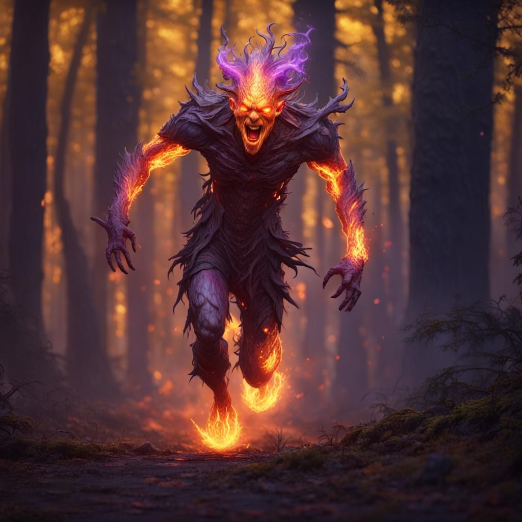 Dynamic Fire Creature in Dark Fantasy Forest