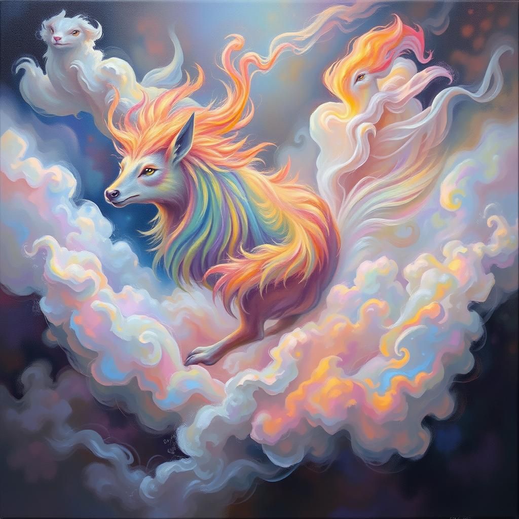 Ethereal Rainbow Smoke Animals in Oil Painting Style