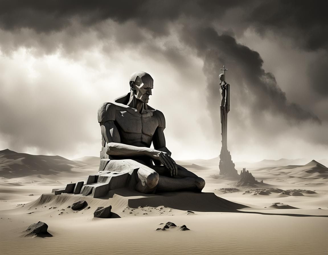 Ozymandias Statue in Desert Sandstorm, Grayscale