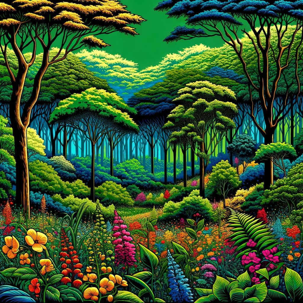 Lush Forest Ecosystem in Vibrant Pop Art Style