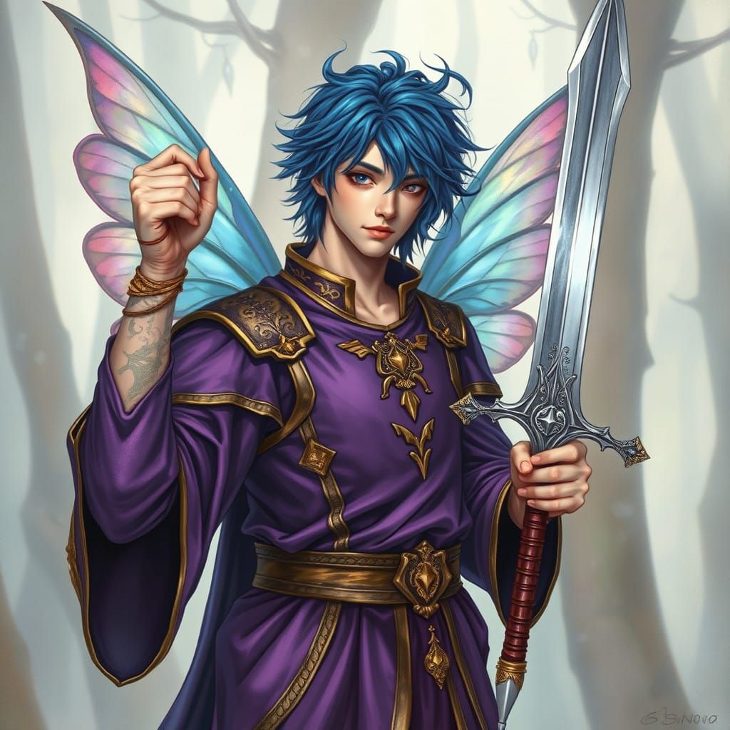 Blue Haired Male Fairy in Fantasy Art