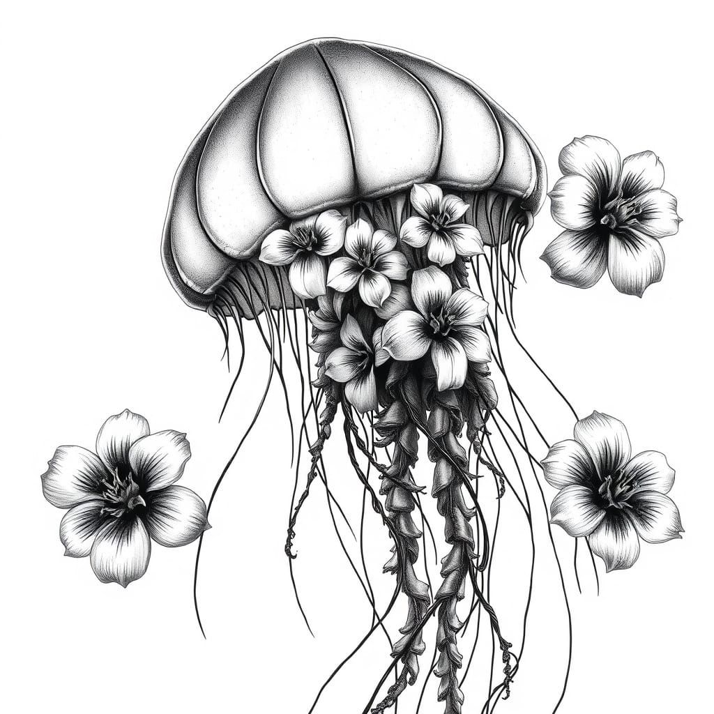 Exotic Floral Jellyfish in Tattoo Style