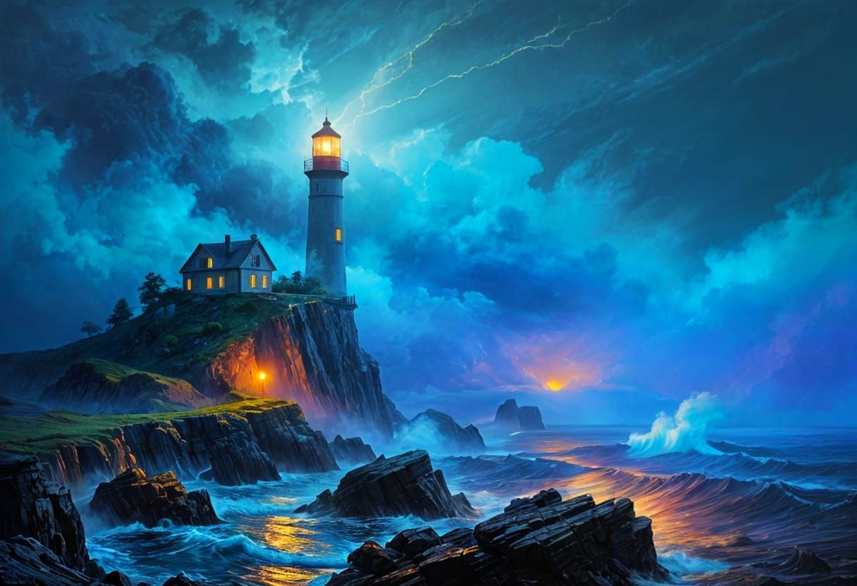 Vibrant Stormy Night Scene with Vintage Lighthouse