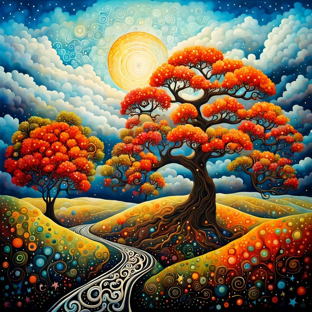 Ancient Tree in Starry Sky: Surreal Folk Art