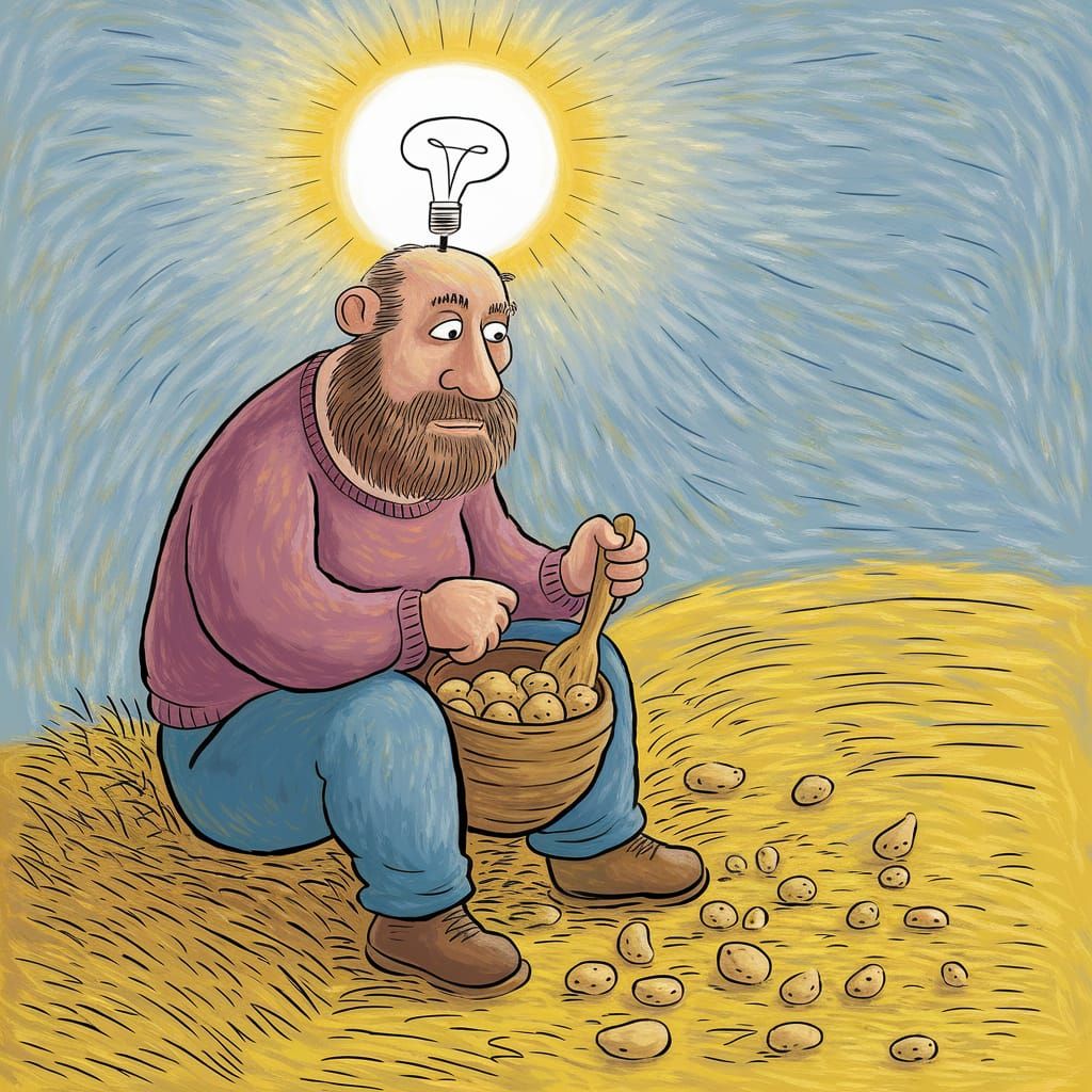 Boy Mashing Potatoes on Hay, Cezanne-Inspired