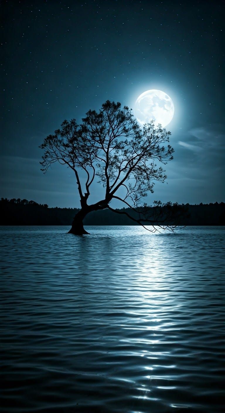 Moonlit Lake with Tree in Cinematic Style
