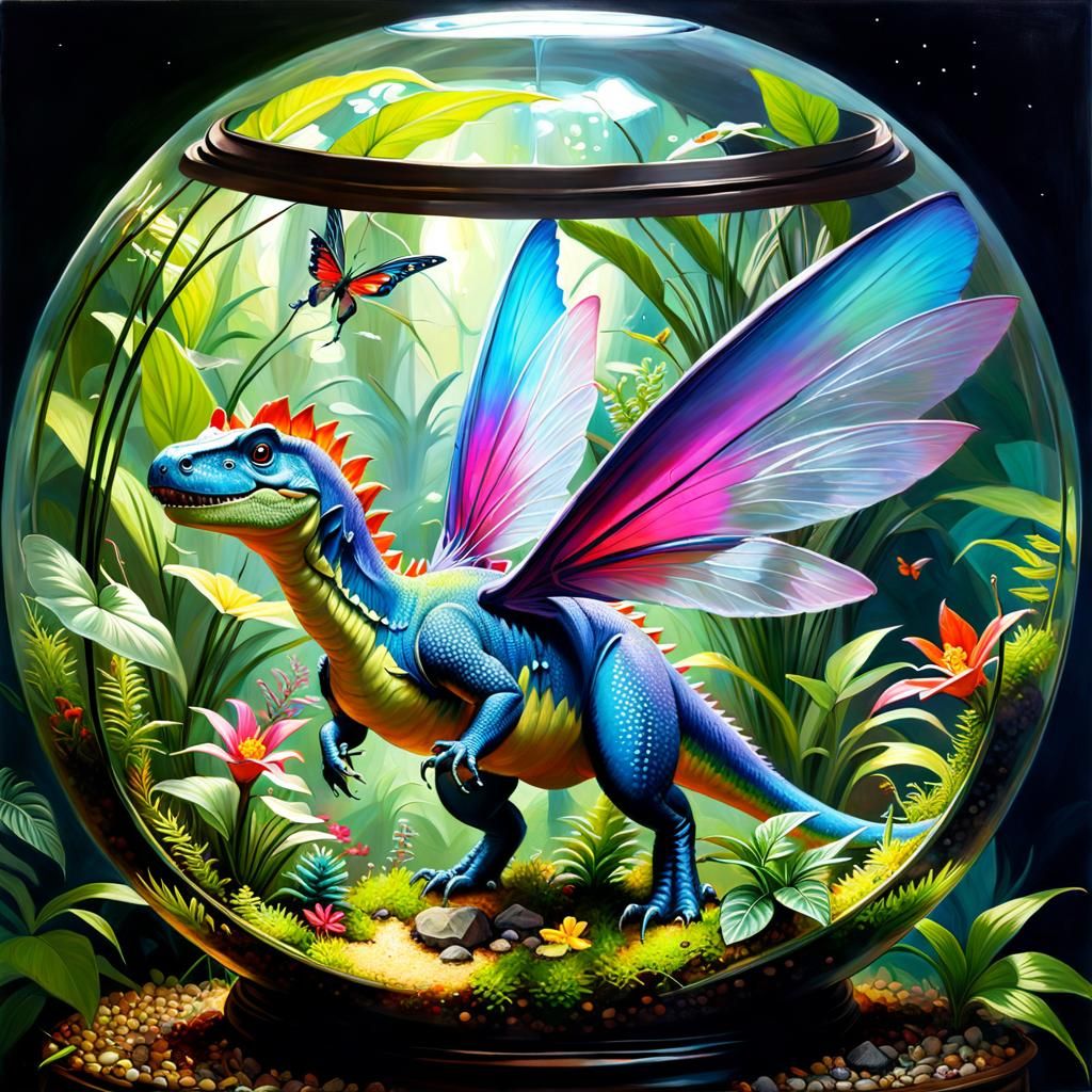 Fairy Dino in Terrarium: Detailed Oil Painting