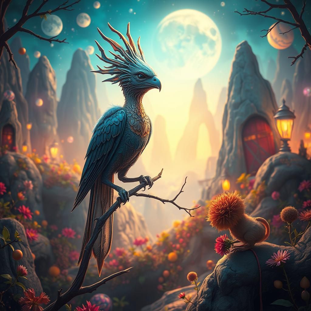 Majestic Alien Bird in Fantasy Wonderland: Digital Art