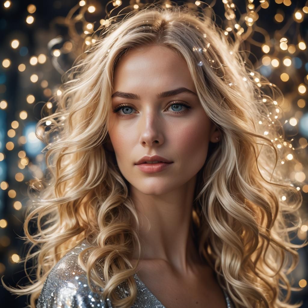 Blonde Woman in Shimmering Suit on Alien Spaceship