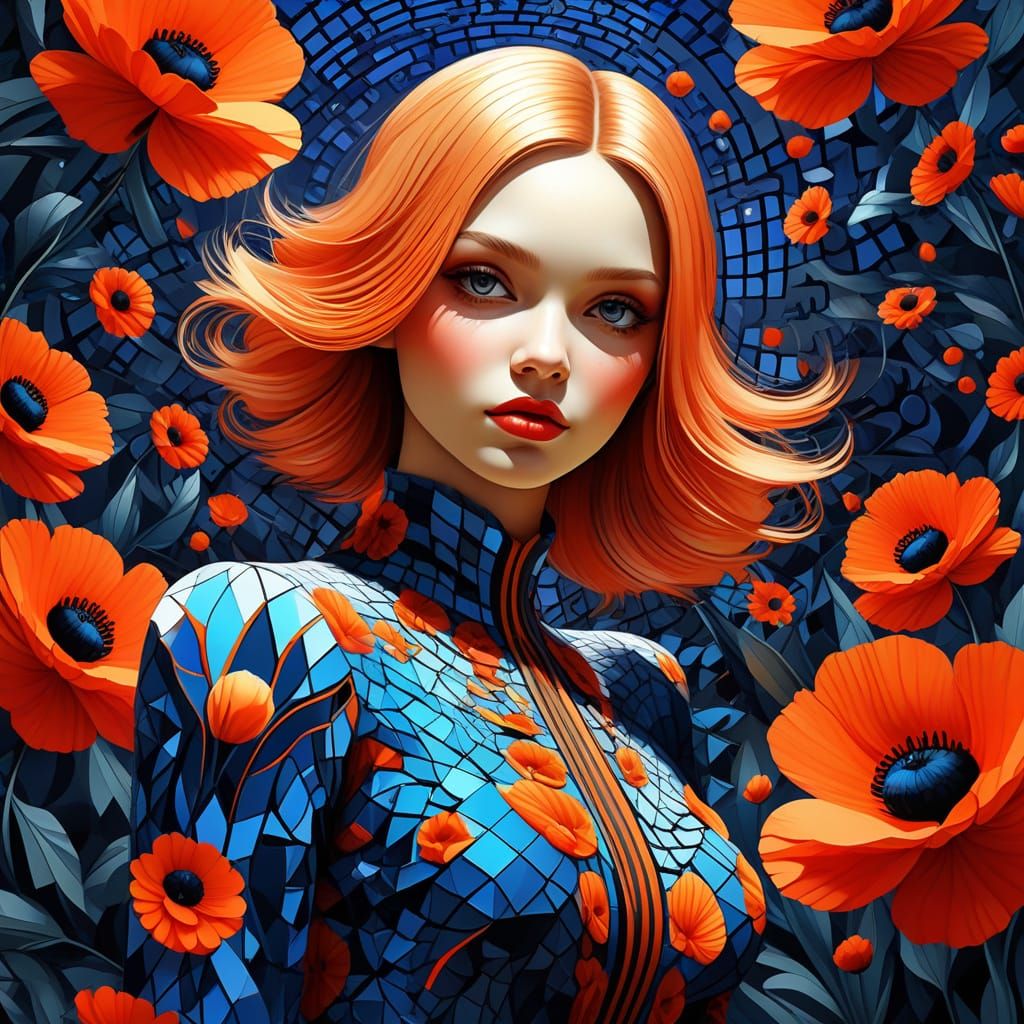 Poppy Flower in Fractal Dress, Victor Vasarely Style