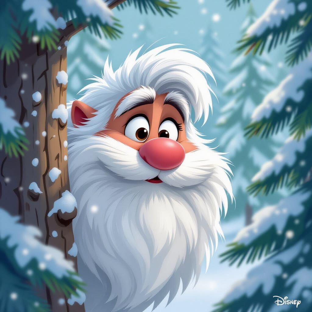 Fluffy Character with Leather Nose in Winter Forest