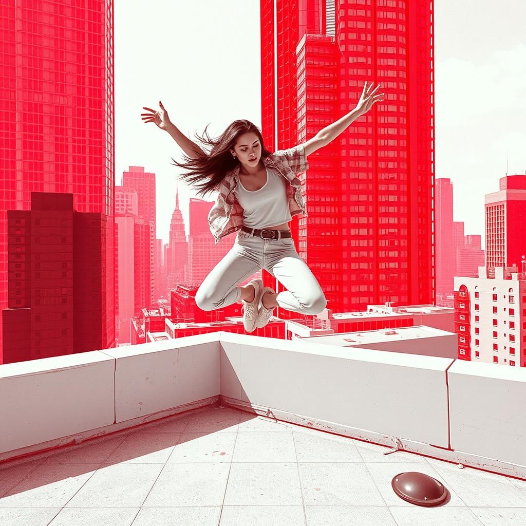 Young Woman Parkour in Abstract Glitch Cityscape