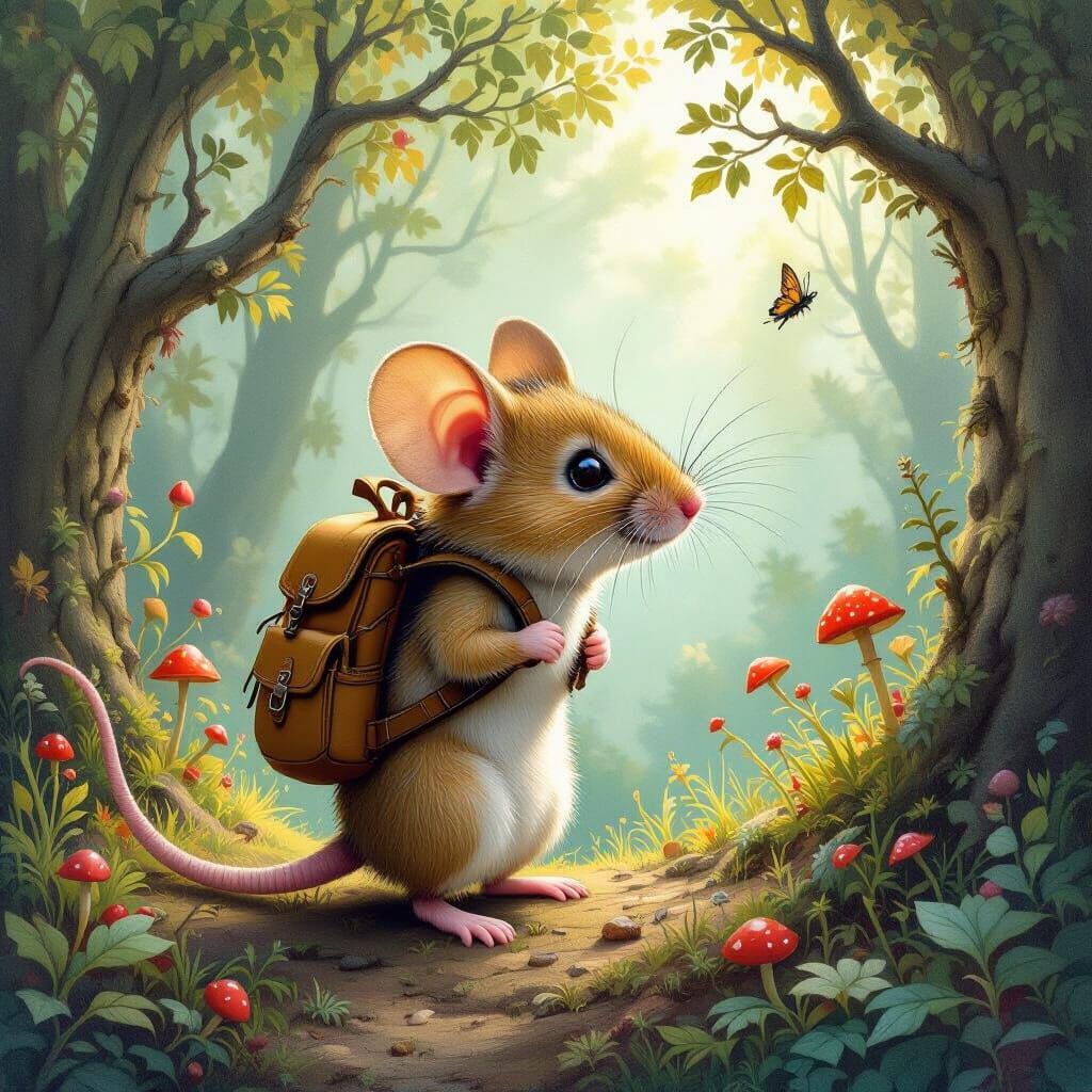 Curious Mouse Explores Whimsical Forest in Fantasy Style