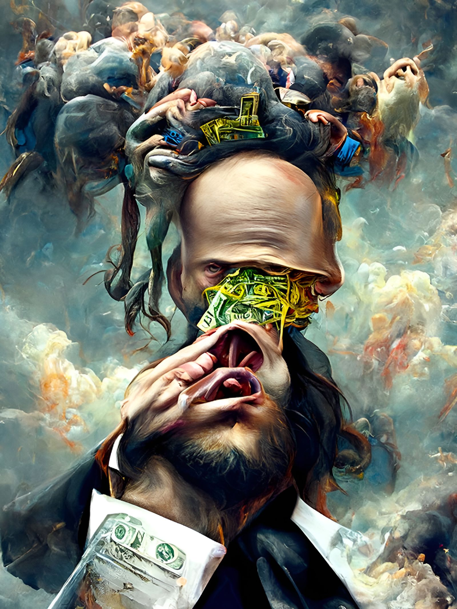 Rococo Painting: Man Worshipping Money Over Brain