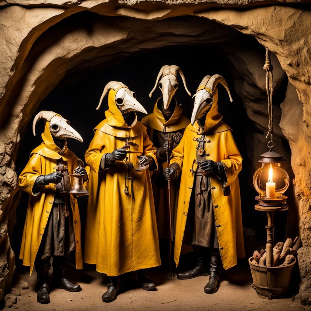 Baroque Plague Doctors in Candlelit Cave Scene