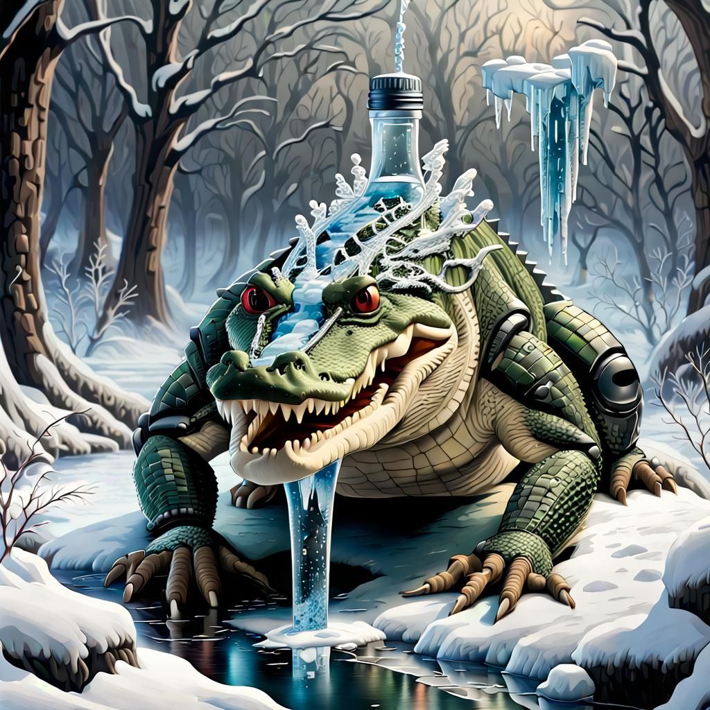 Cyborg Crocodile's Winter Wonderland in Crayon Style