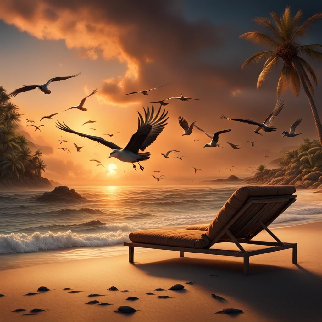 Beach Sunset with Birds: Digital Matte Painting