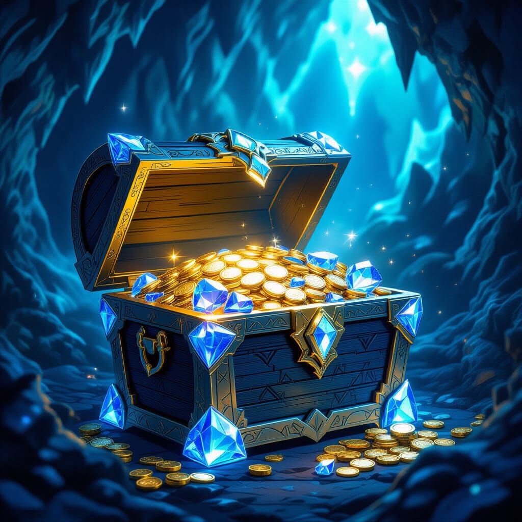 Crystal Treasure Chest Overflowing with Gems in Luminous Cav...