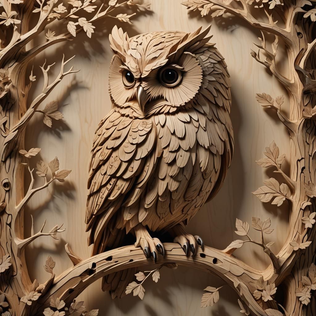 Detailed 3D Wood Carving of a Forest Owl