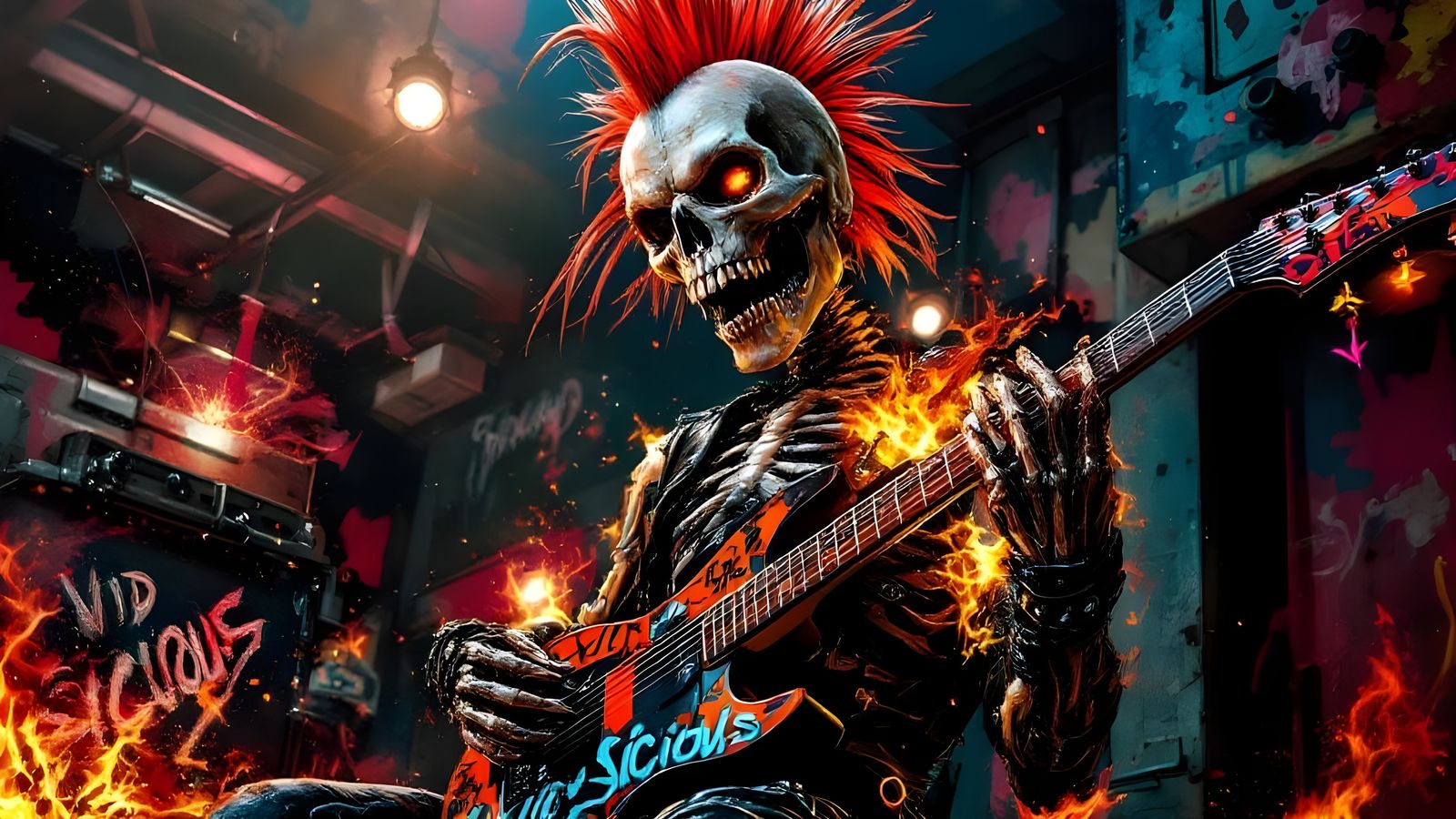 Punk Rock Skeleton Shreds Guitar: 3D Masterpiece