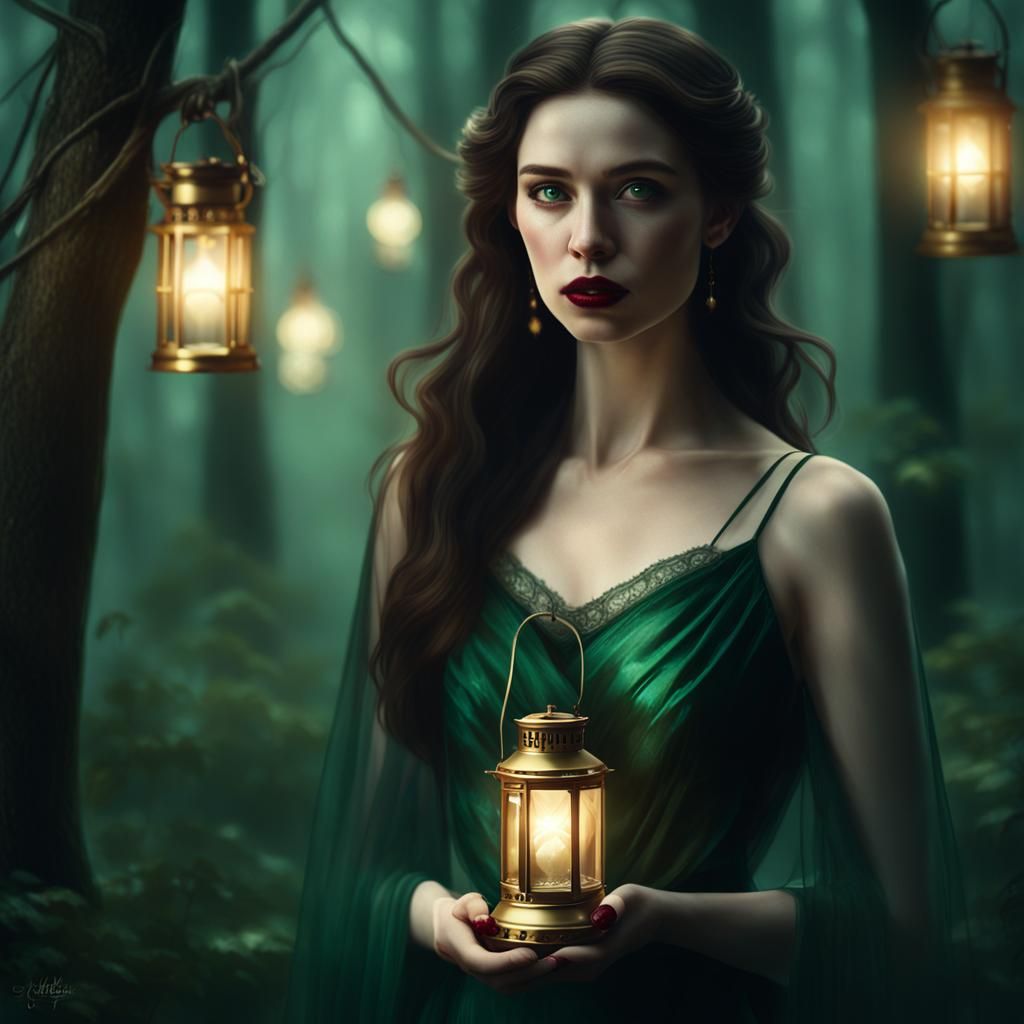 Ethereal Girl with Lantern in Misty Forest