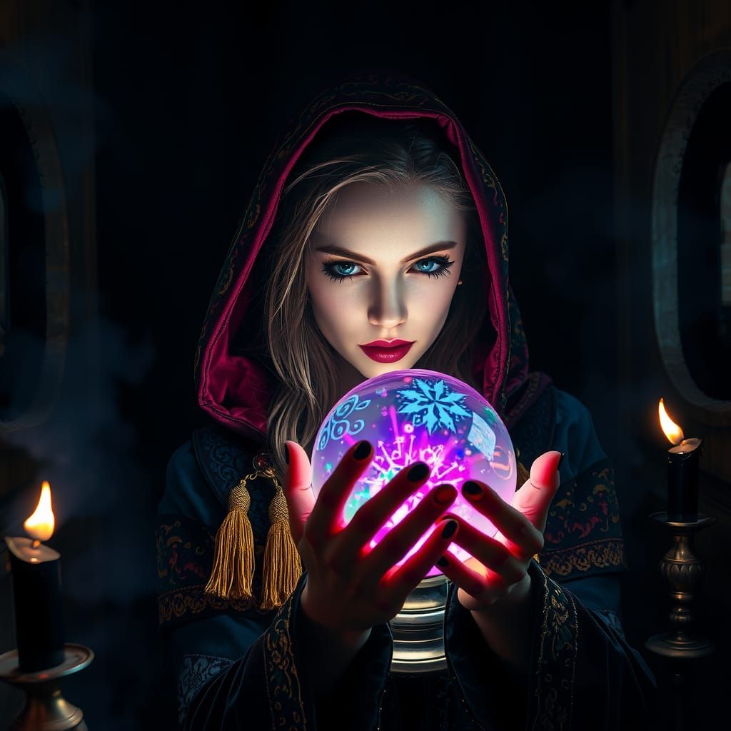 Gypsy Enchantress Gazing into Crystal Ball