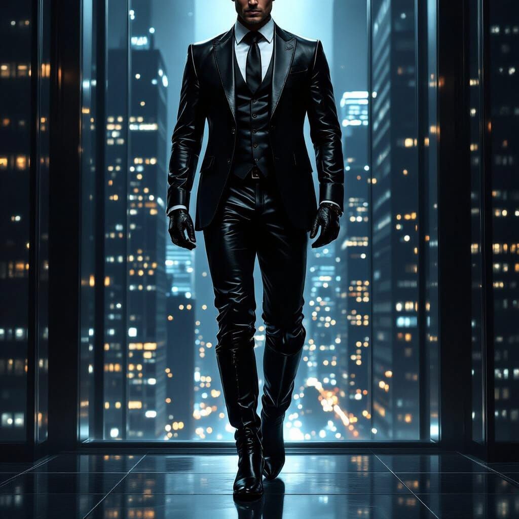 Powerful Businessman in Leather Flaunts Wealth in Skyscraper...