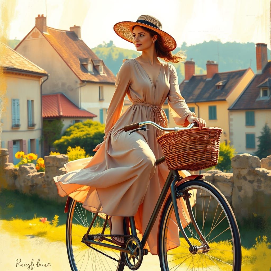 Woman Rides Vintage Bicycle Through French Countryside