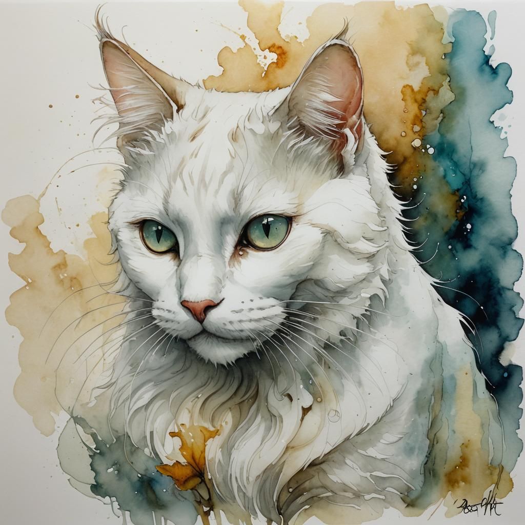 White Cat Grooming in Cel-Shaded Alcohol Ink