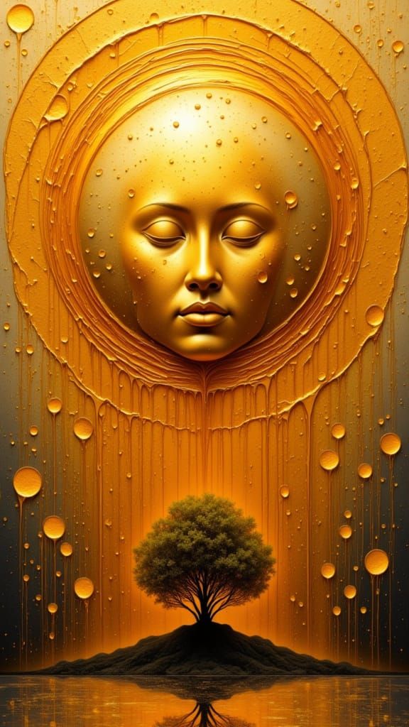 Molten Sun Descends as Golden Mask in Surreal Style
