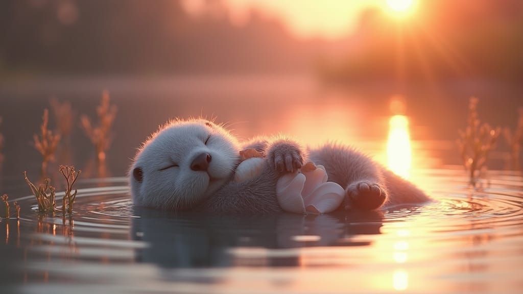 Sleeping Otter Floats in Sunset River