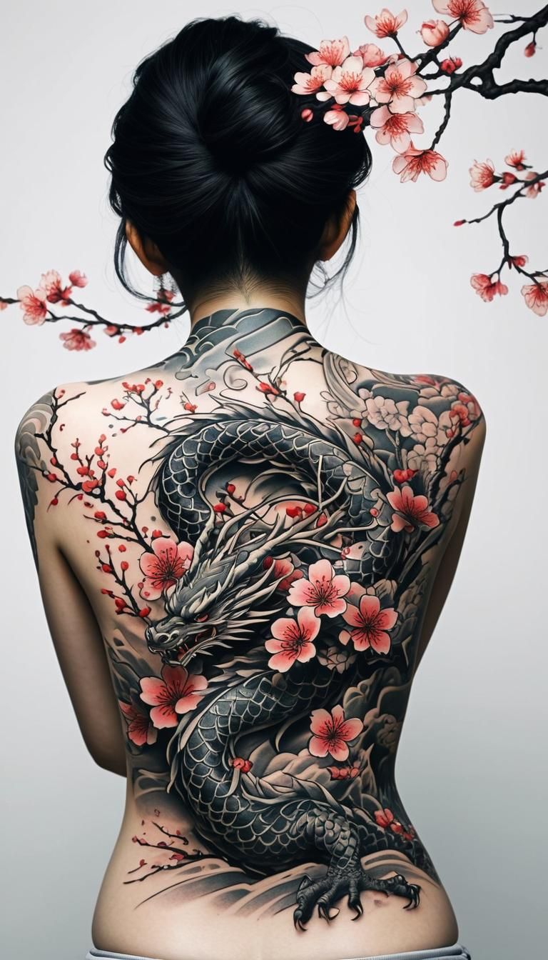 Dragon and Cherry Blossom Tattoo in Irezumi Style