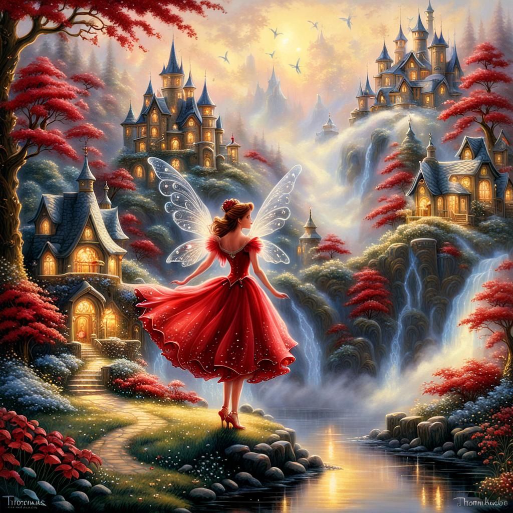 Red Fairy with Crystal Wings in Golden Fairytale