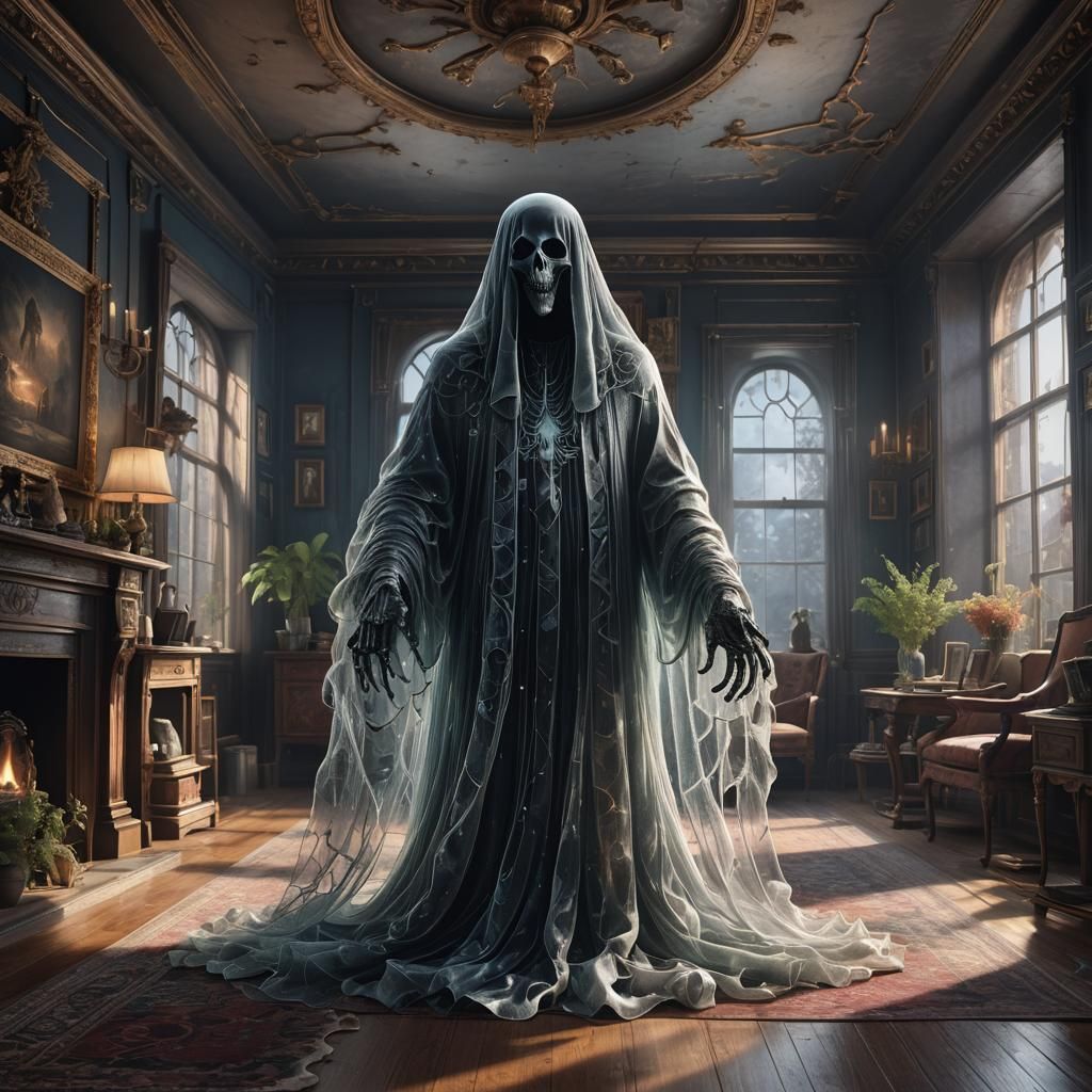 Ethereal Ghost in Living Room: Detailed Matte Painting
