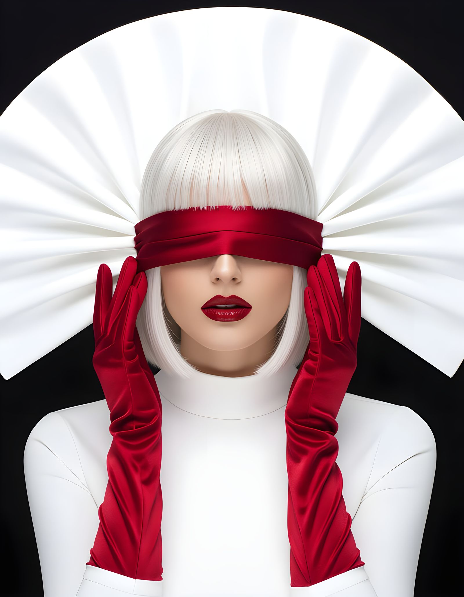 Woman with White Hair and Red Blindfold