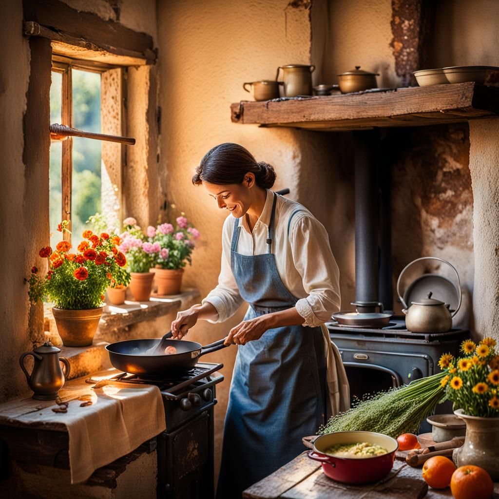 Impressionist Italian Woman Cooking Soffritto