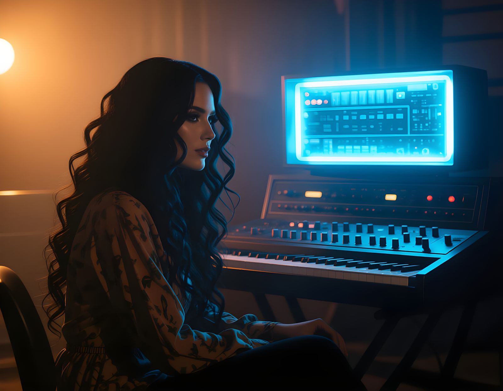 Retro Music Studio Singer with Vintage Synthesizer