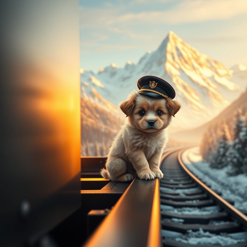 Magical Puppy Chases Golden Dreams on Snowy Mountain Railway