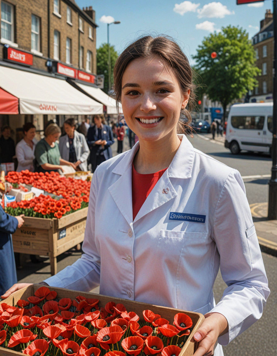 London Street Nurse Sells Poppies in Hyperrealistic Style