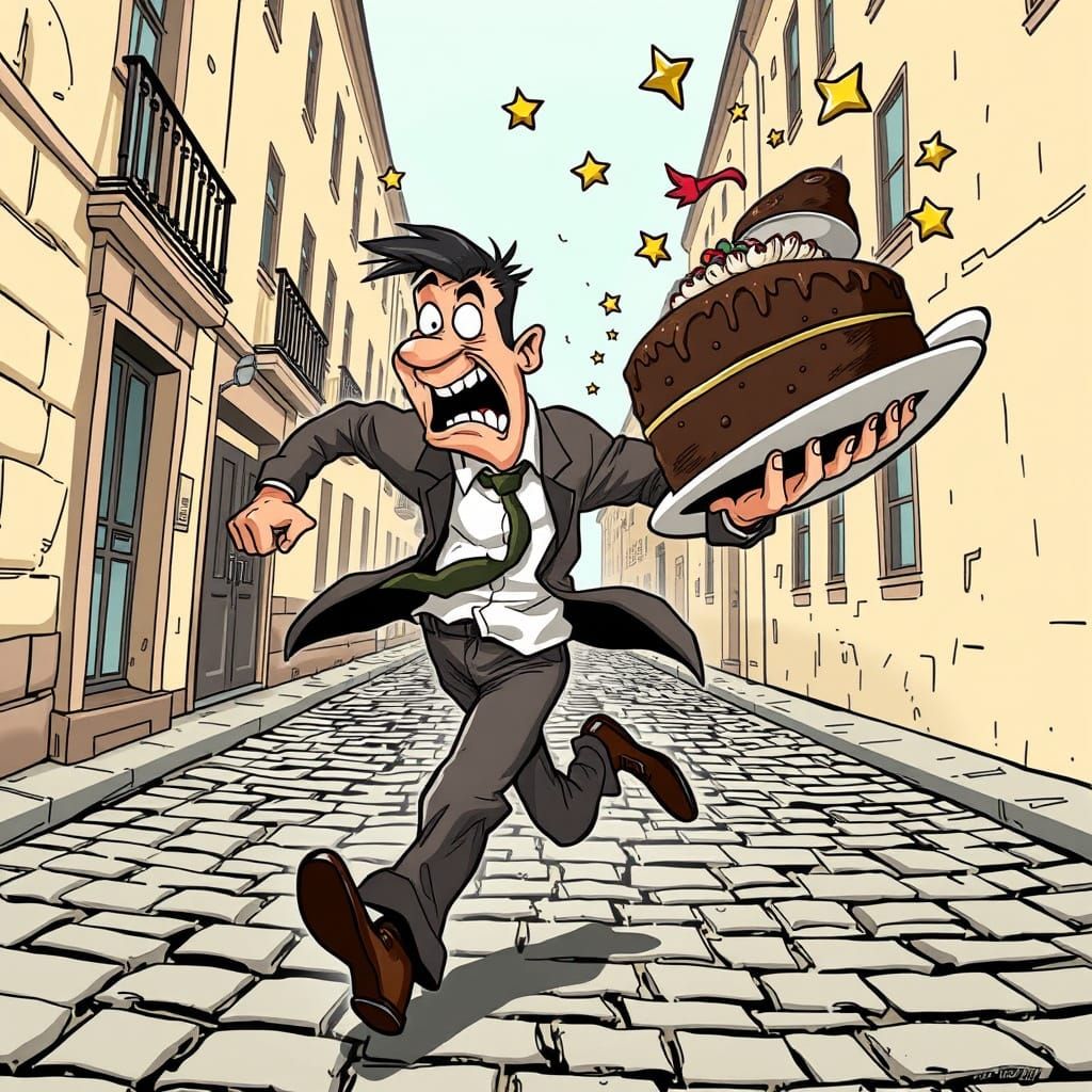 Cartoonish Man Loses Chocolate Cake in Cobblestone Street