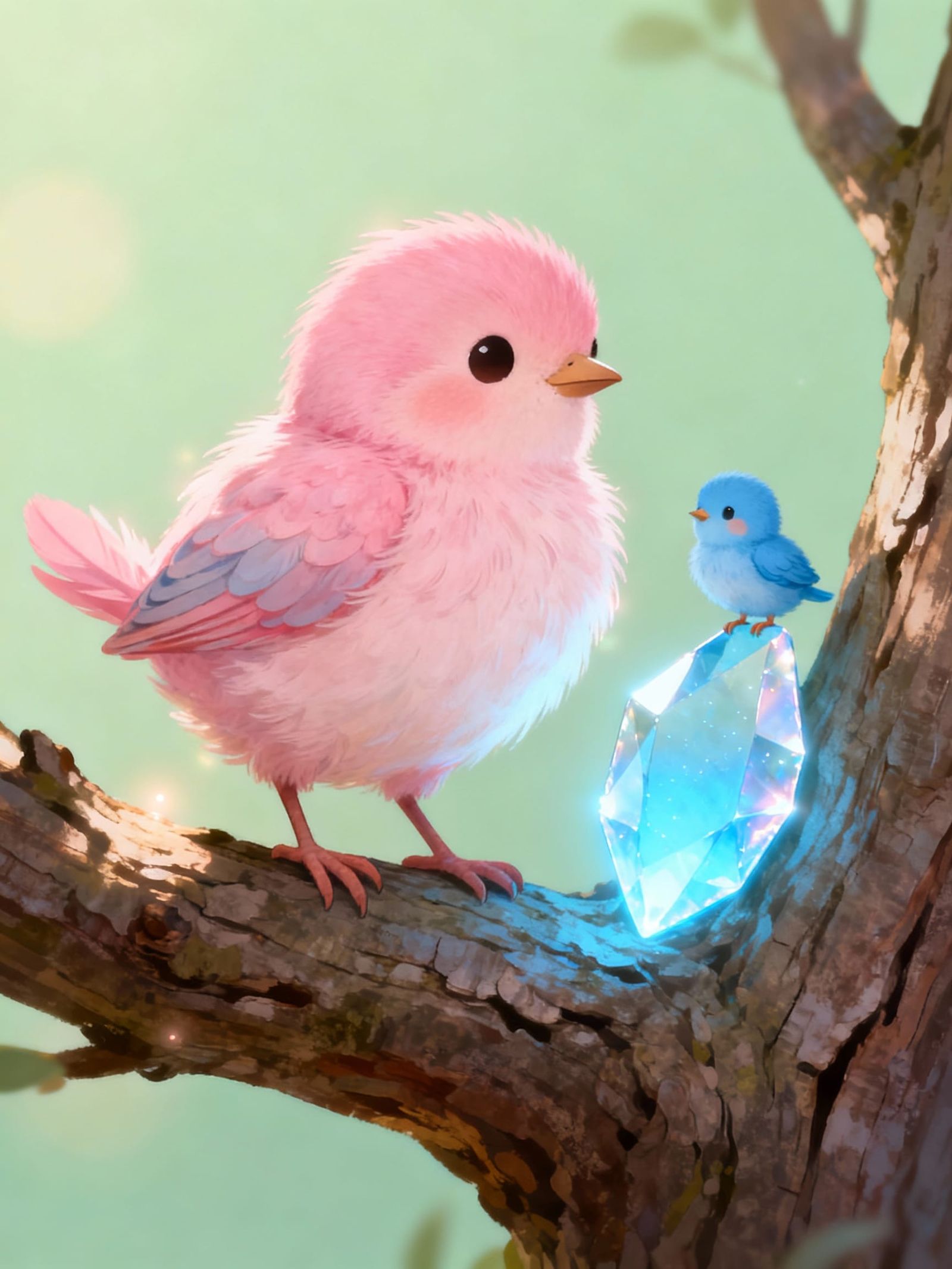 Adorable Baby Birds on Branch with Glowing Shard
