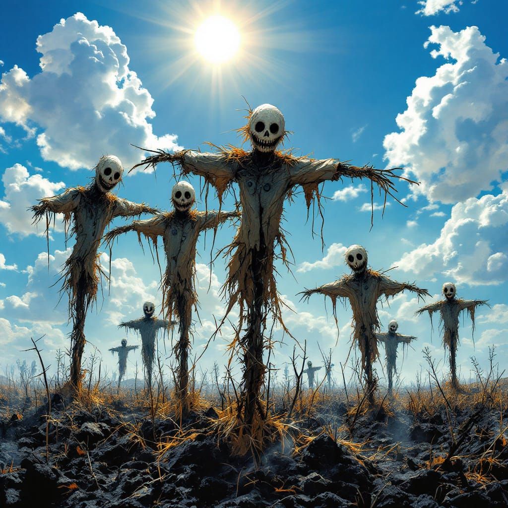 Sinister Scarecrows in a Sunlit Burned Field