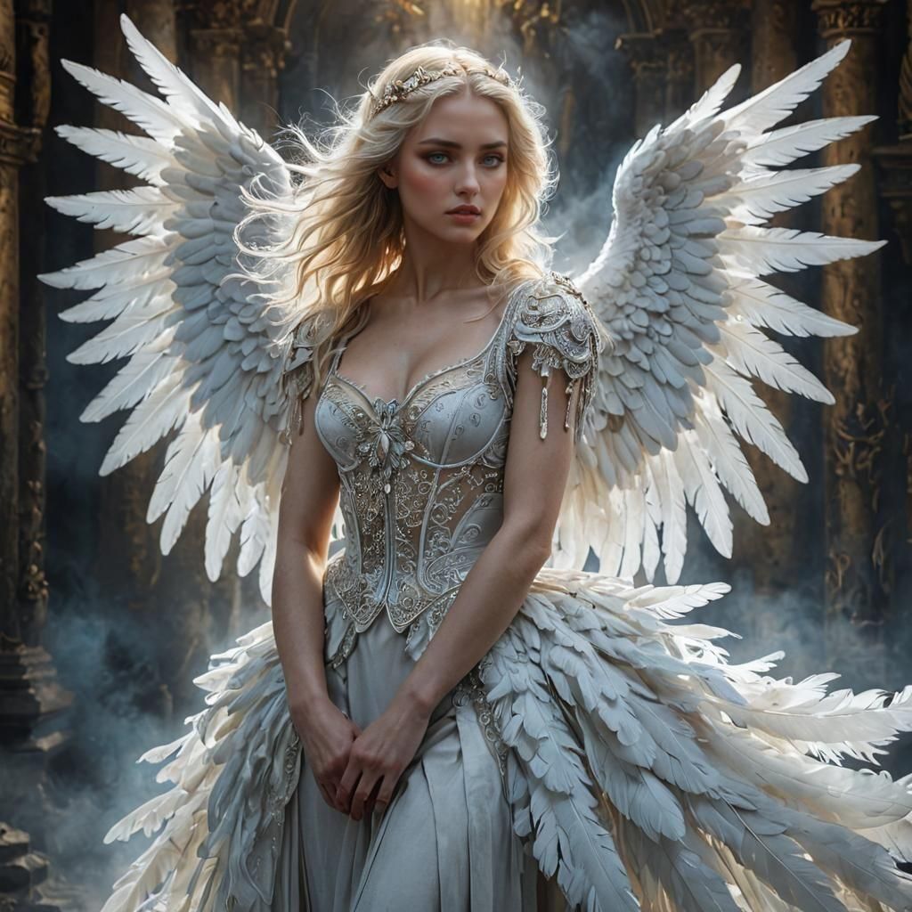 Elegant White Angel with Blue Eyes and Large Wings